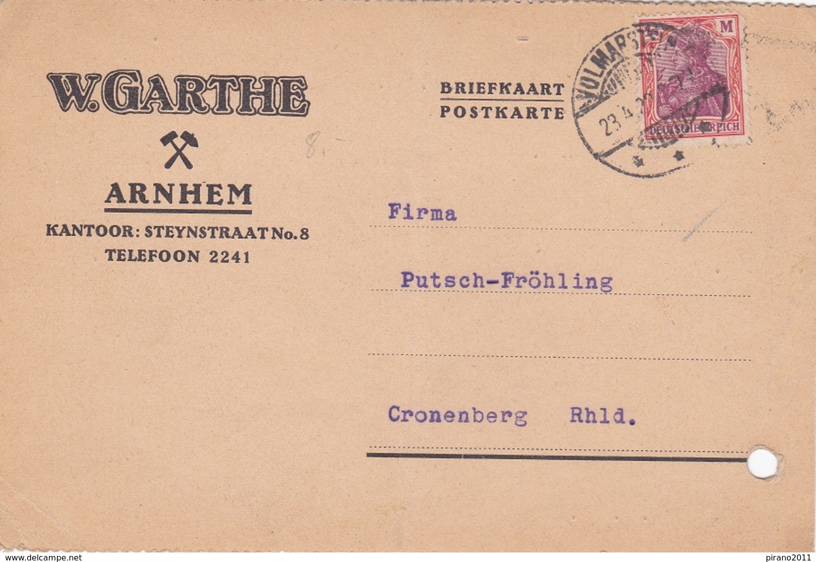 1 Karte Aus Arnhem Nach Cronenberg, 1922 - Brieven En Documenten