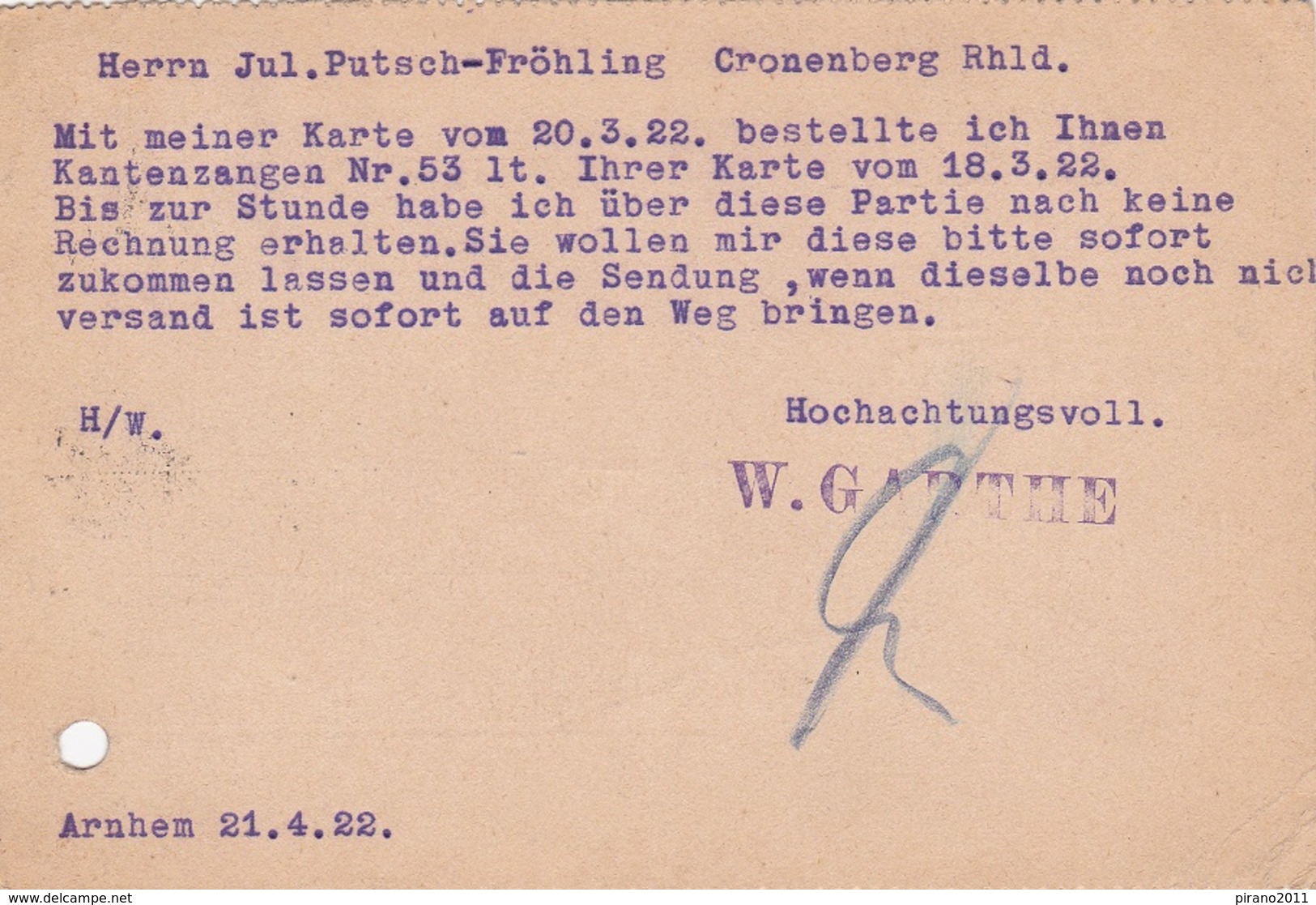 1 Karte Aus Arnhem Nach Cronenberg, 1922 - Brieven En Documenten