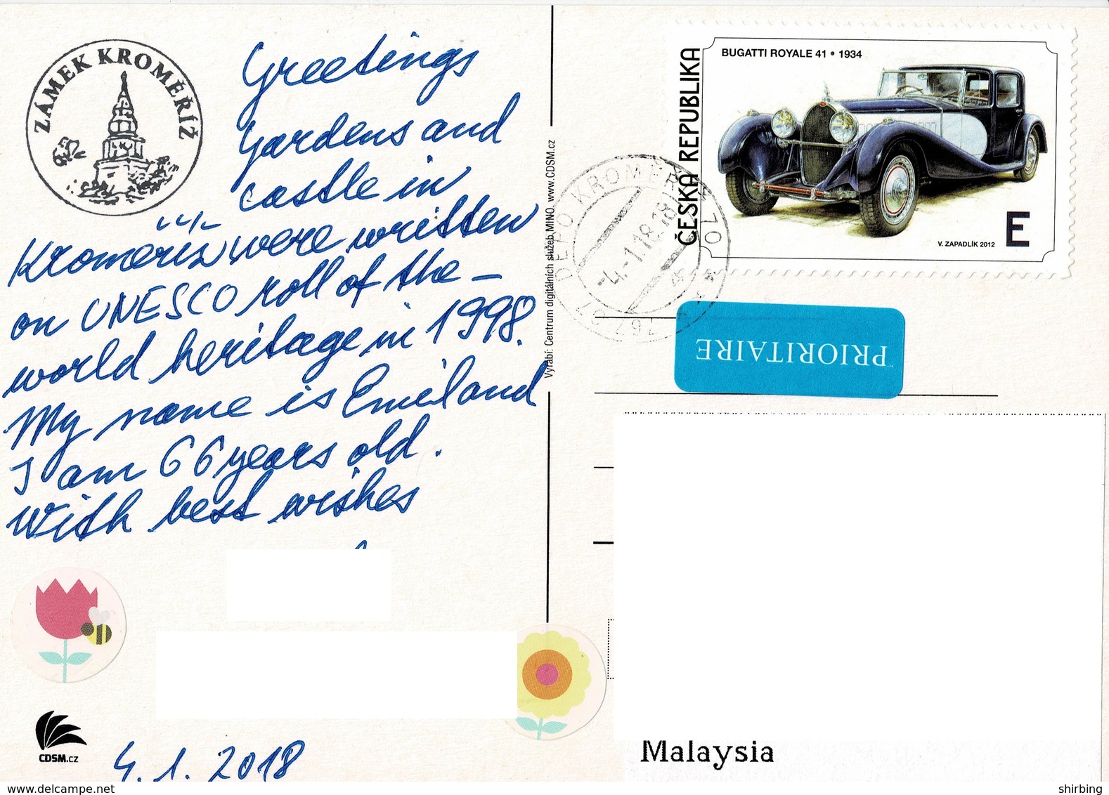 23A :Czech Republlic Bugatti Car Stamp Used On Zamek Kromeriz Postcard - Covers & Documents