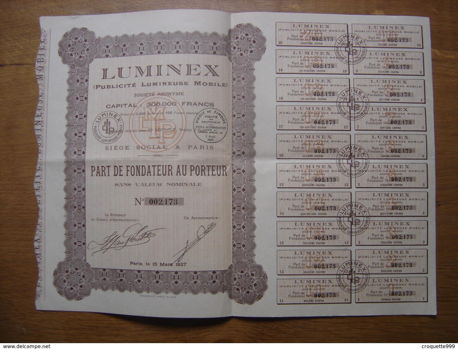 1927 Bond Action Share Coupons LUMINEX Publicite Lumineuse Mobile PART FONDATEUR - Autres & Non Classés