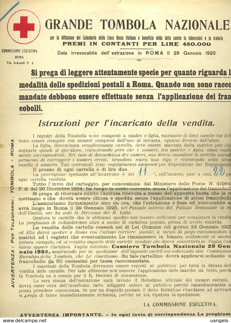 133 CROCE ROSSA ITALIANA 1925 GRANDE TOMBOLA A BENEFICIO DELLA LOTTA CONTRO TUBERCOLOSI E MALARIA - Manifesti