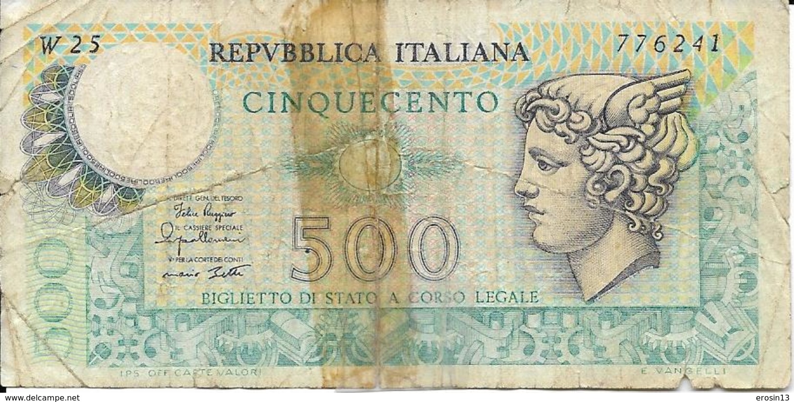 ITALIE  - BILLET - 500 Lires  - E. EVANGELLI - ITALIE - - Andere & Zonder Classificatie