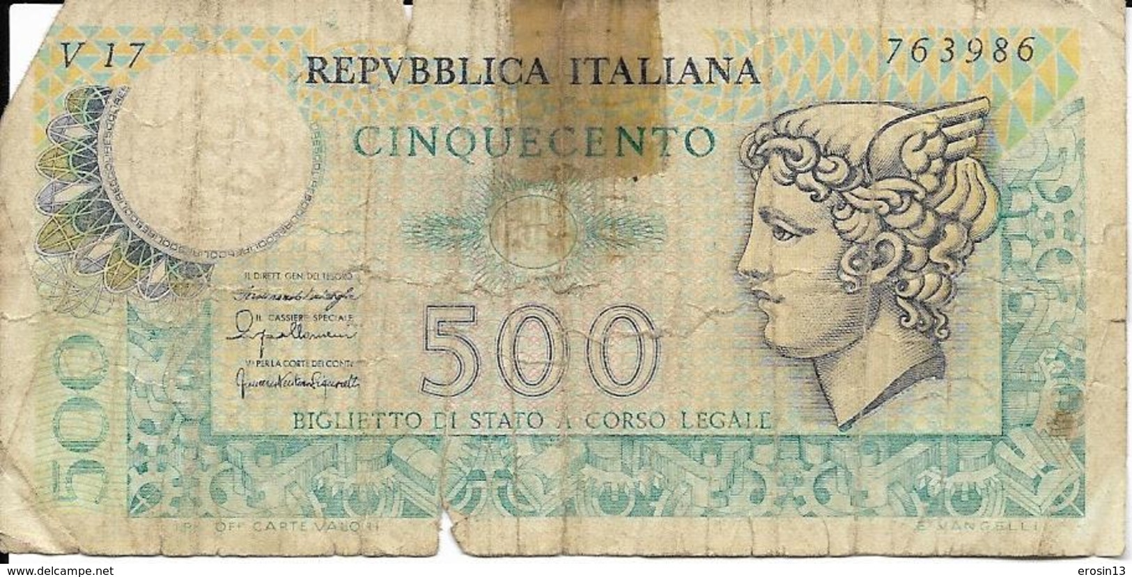 ITALIE  - BILLET - 500 Lires  - E. EVANGELLI - ITALIE - - Otros & Sin Clasificación