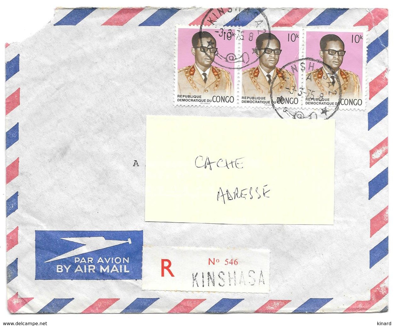 LETTRE RECOMMANDE DE KINSHASA..1975... PAR AVION POUR LA FRANCE...TBE....TIMBRE AU DOS.....SCAN - Oblitérés