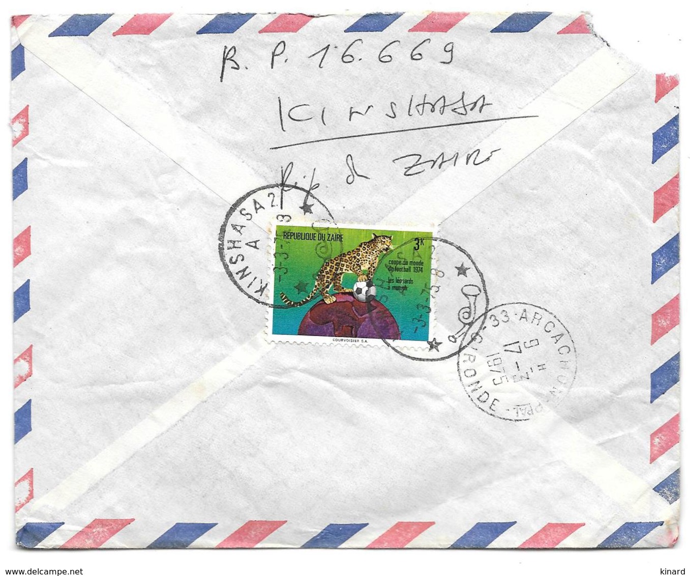 LETTRE RECOMMANDE DE KINSHASA..1975... PAR AVION POUR LA FRANCE...TBE....TIMBRE AU DOS.....SCAN - Oblitérés