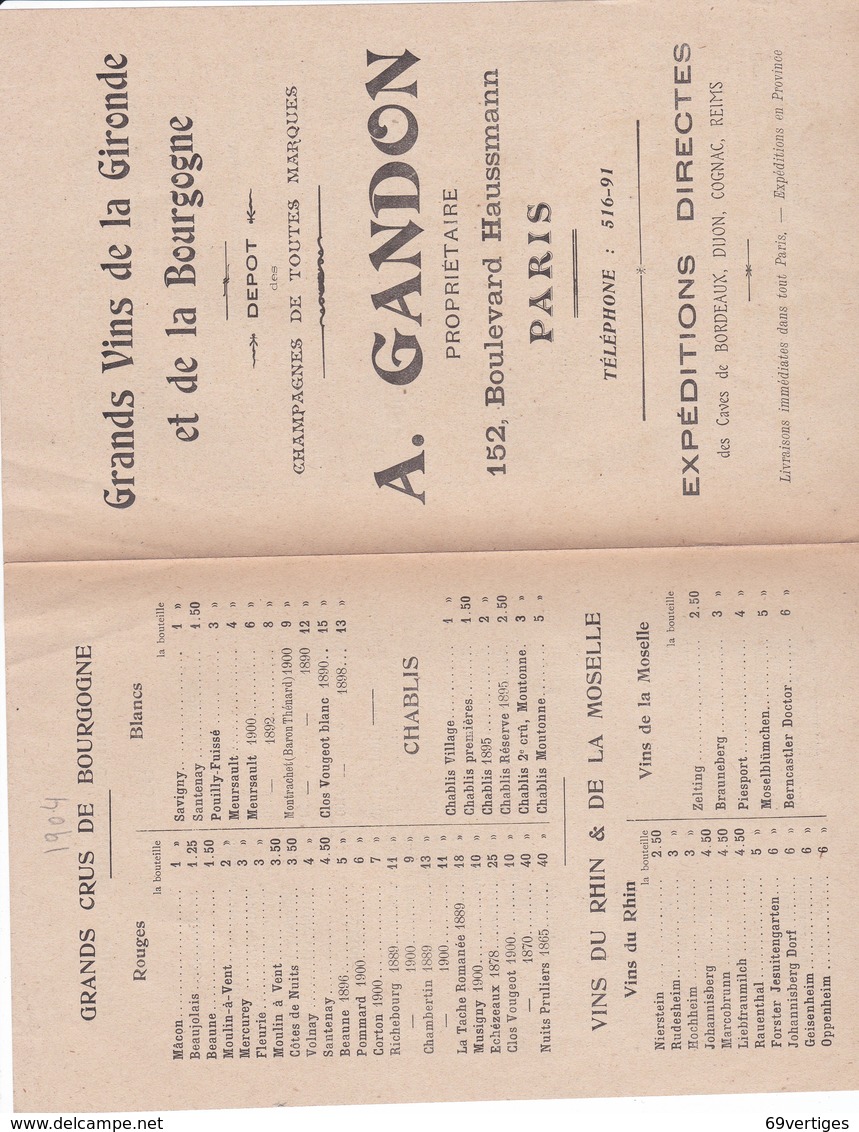 A.GANDON, Grands Vins De La Gironde Et De La Bourgogne, Alcools, Tarifs - Advertising