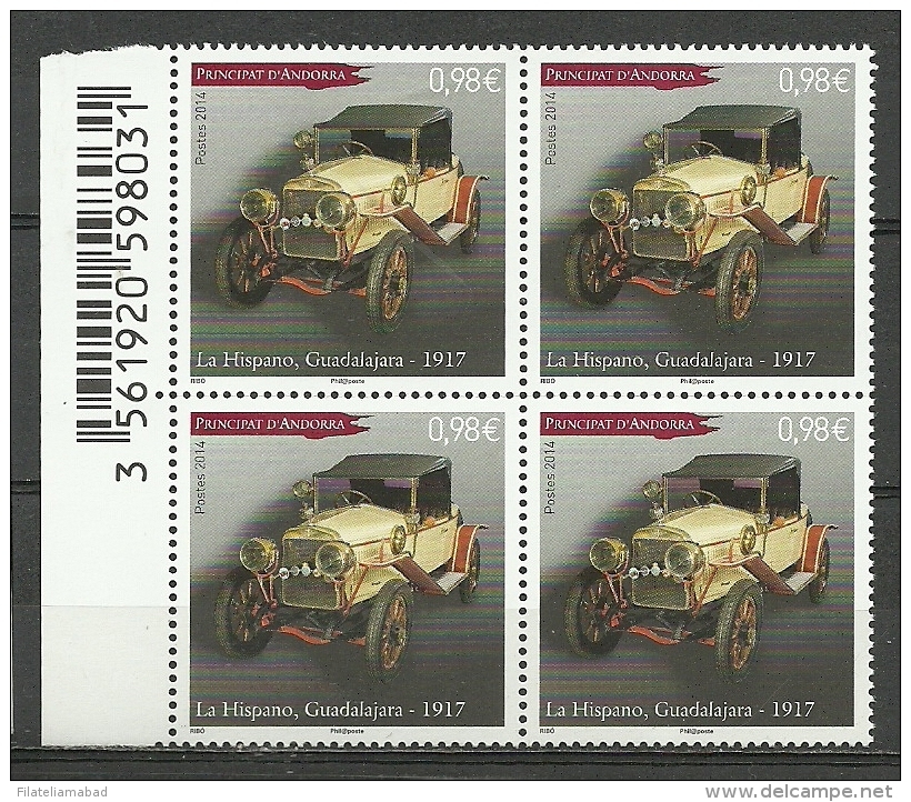 ANDORRA- CORREO FRANCES 2014 LA HISPANO GUADALAJARA 1917 BLOQUE DE 4 O SIMILAR SIN CHARNELA  (K-3A-C04-14) - Usati