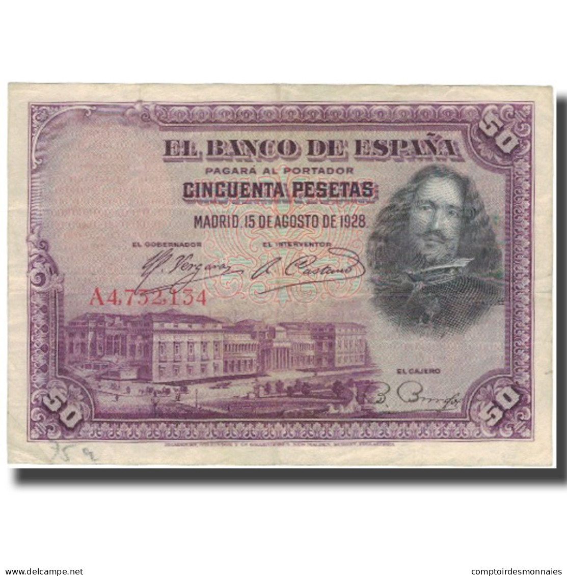 Billet, Espagne, 50 Pesetas, 1928, 1928-08-15, KM:75a, TTB - 50 Pesetas