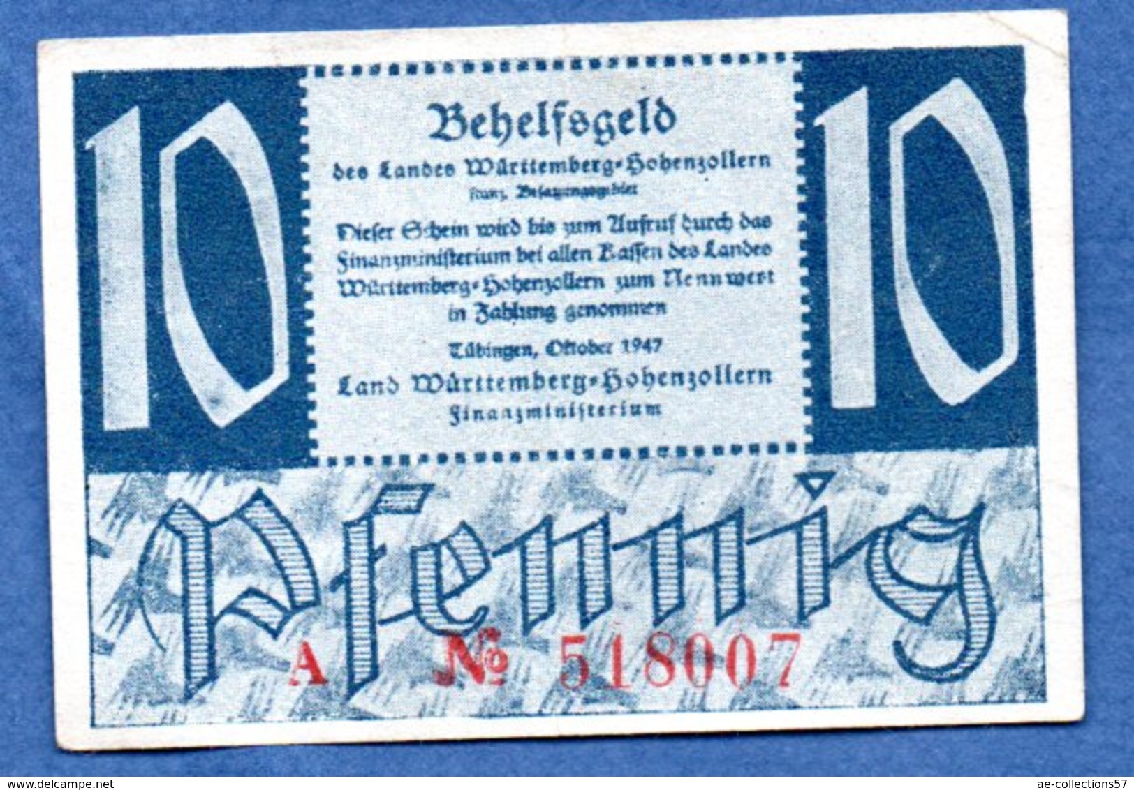 Württemberg-  10 Pfennig  10/1947-    - Ros # 215 -  état  TB  - Plis Marqué Non Visible Sur Le Scan - [11] Lokale Uitgaven