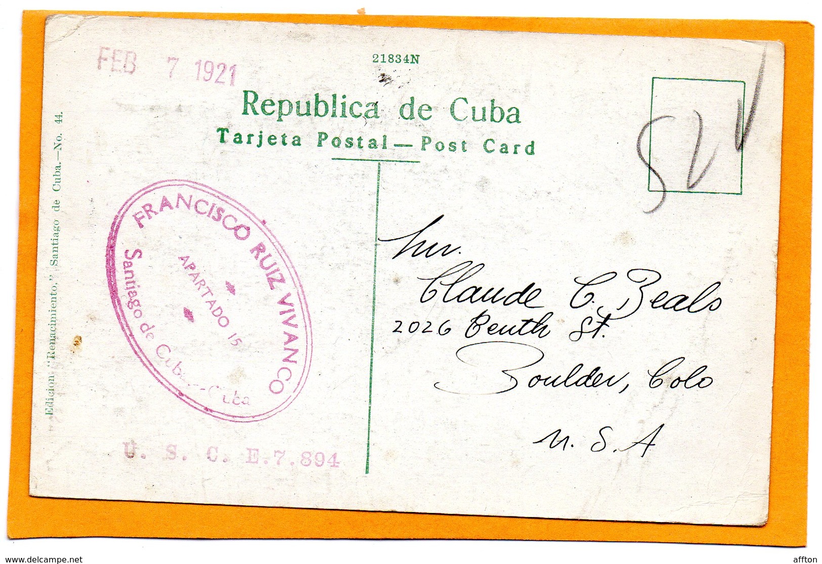 Santiago De Cuba 1921 Postcard Mailed - Cuba