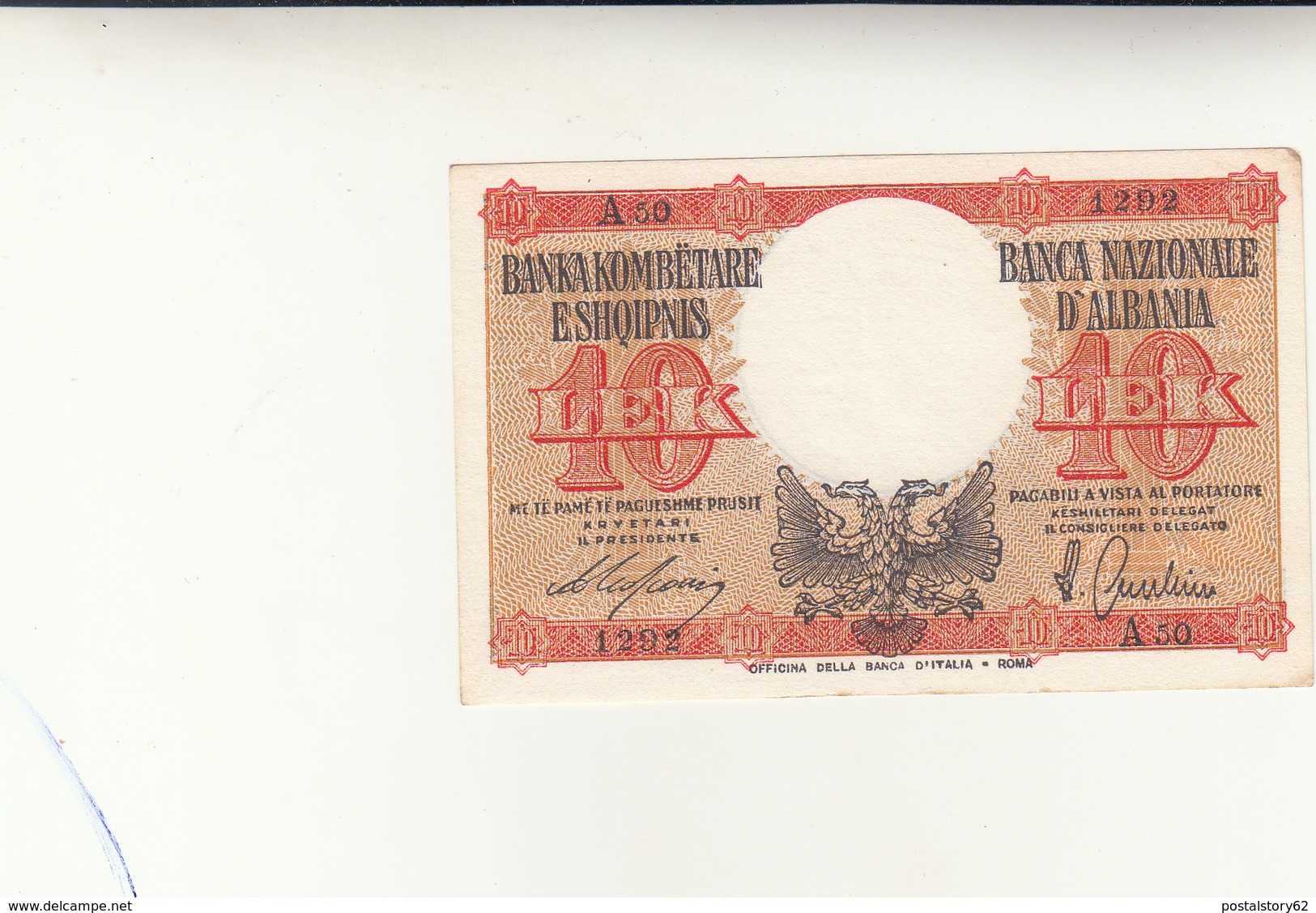 10 Lek  Banca D'Italia, Occupazione Italiana Dell'Albania 1940 Spl++ - Albania