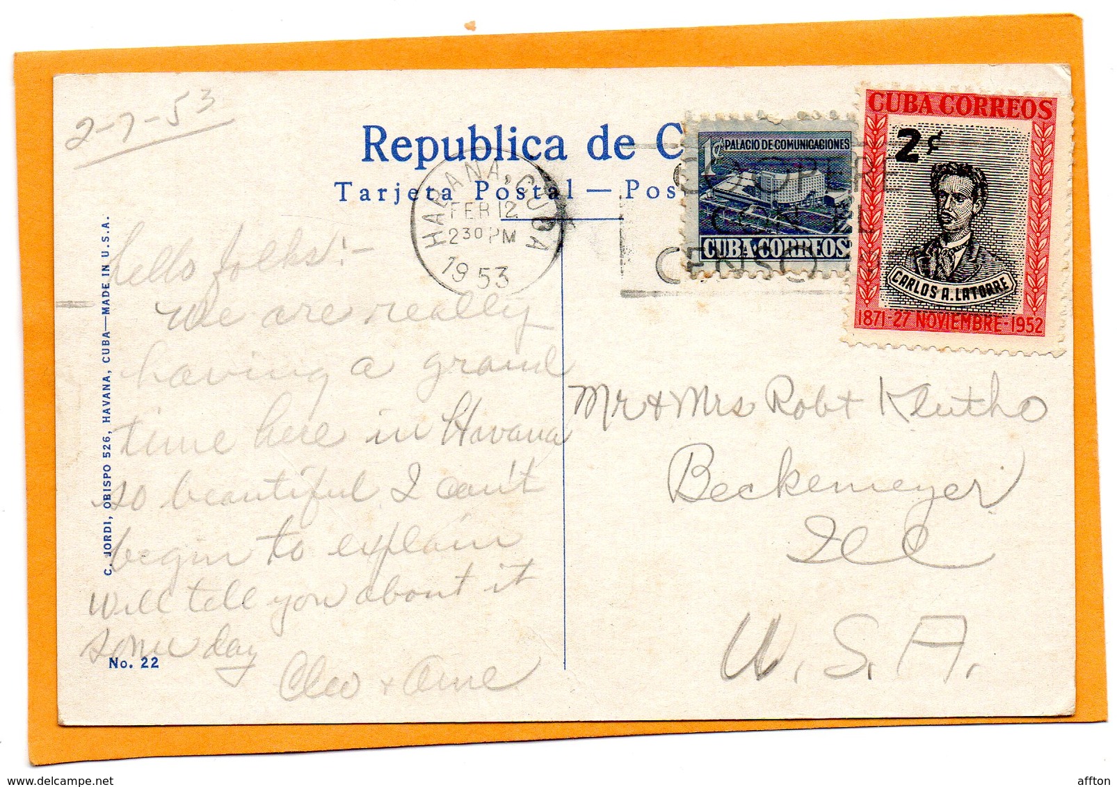 Havana Cuba 1953 Postcard Mailed - Cuba