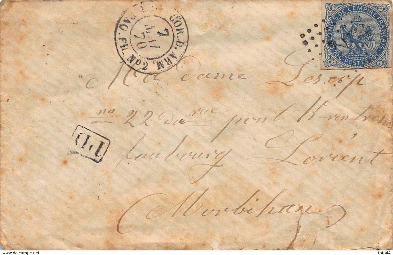 Lettre Affranchie Timbre 20c Bleu 1870 Cachet Cor. D'Arm. Paq. Fr. N°2 + Cachet "Paris à Nantes" Puis Lorient (56) - Aigle Impérial