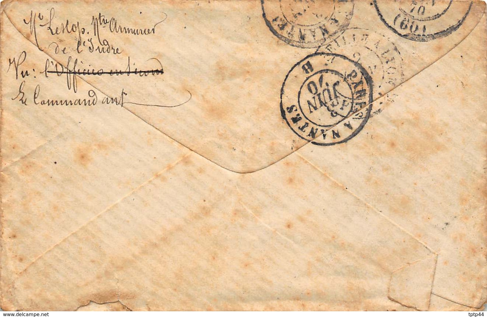 Lettre Affranchie Timbre 20c Bleu 1870 Cachet Cor. D'Arm. Paq. Fr. N°2 + Cachet "Paris à Nantes" Puis Lorient (56) - Aigle Impérial