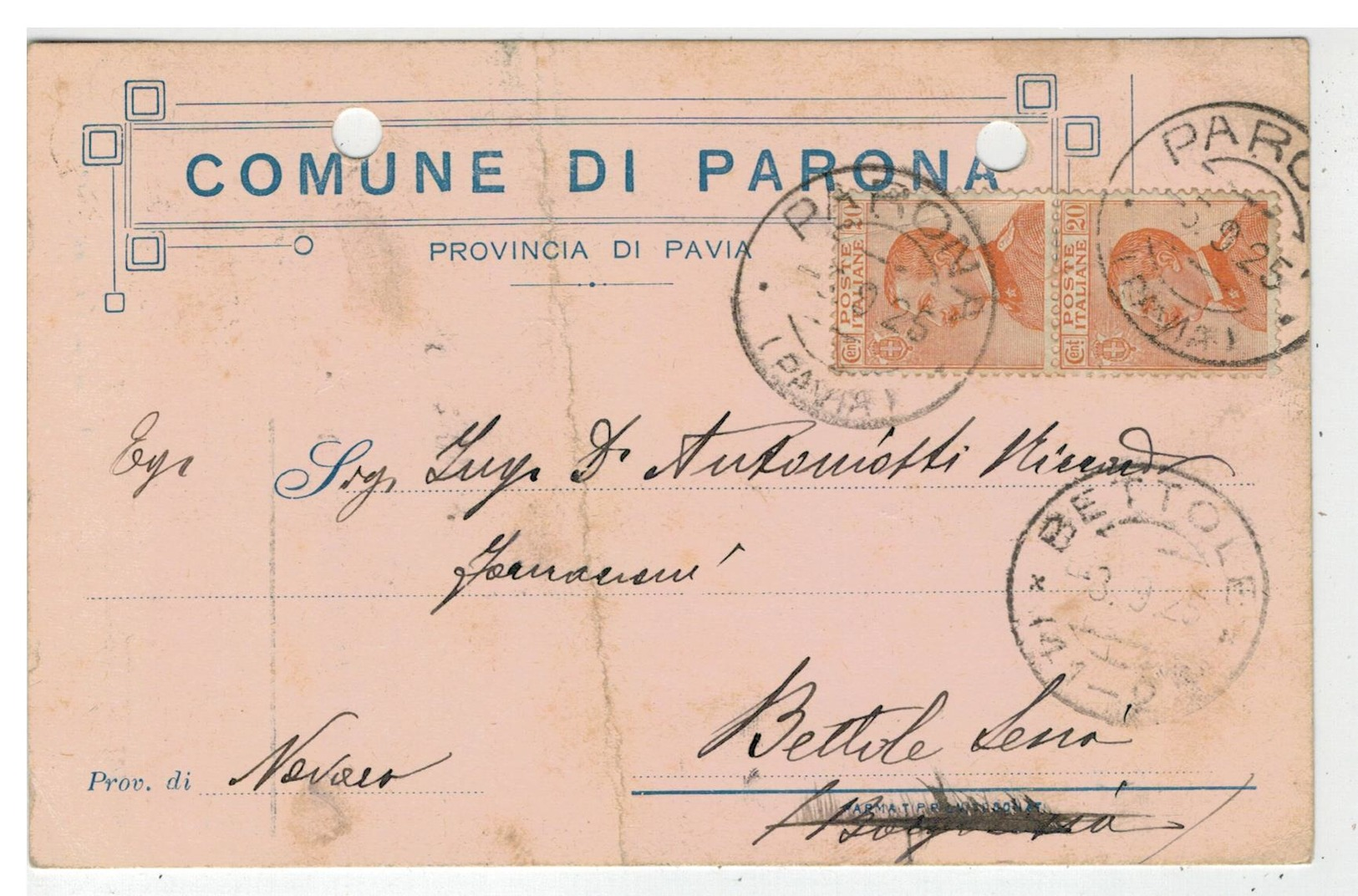 Cartolina Comune Di Parona Con Autografo Del Sindaco Signorelli - Lomellina - Pavia