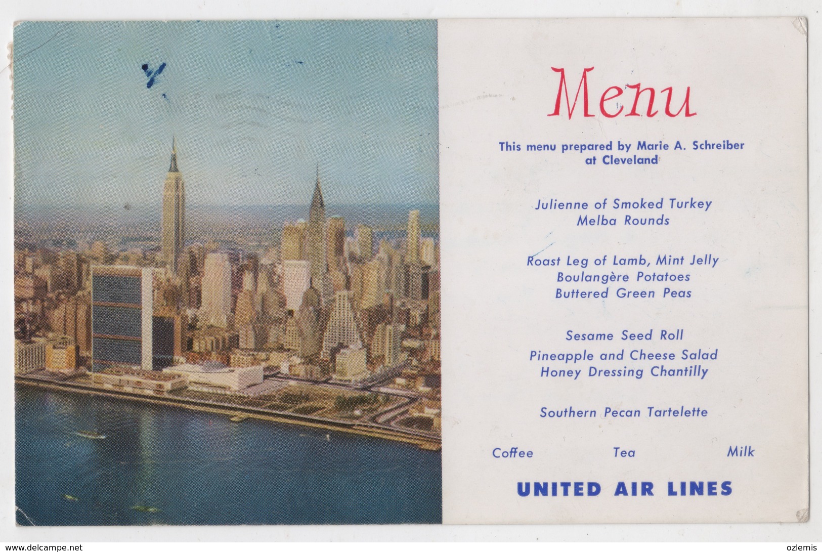 UNITED AIR LINES MENU  POSTCARD - Menu Cards