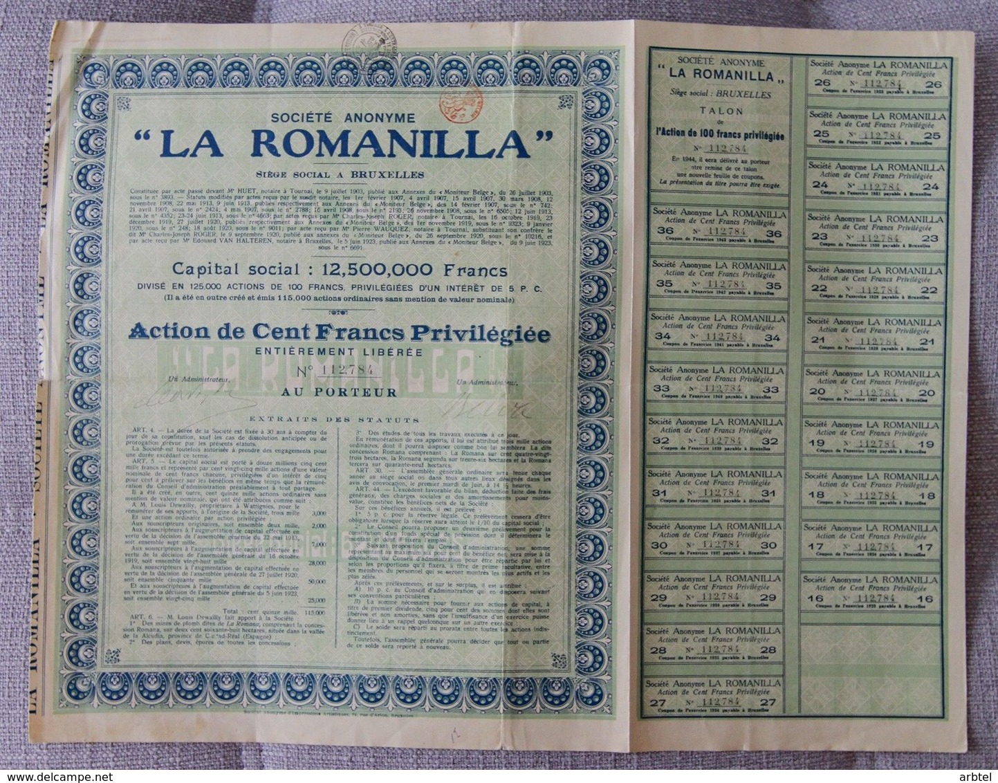 BELGICA ACCION COMPAÑIA MINAS PLOMO LA ROMANILLA CIUDAD REAL 1903 MINNING - Mineral