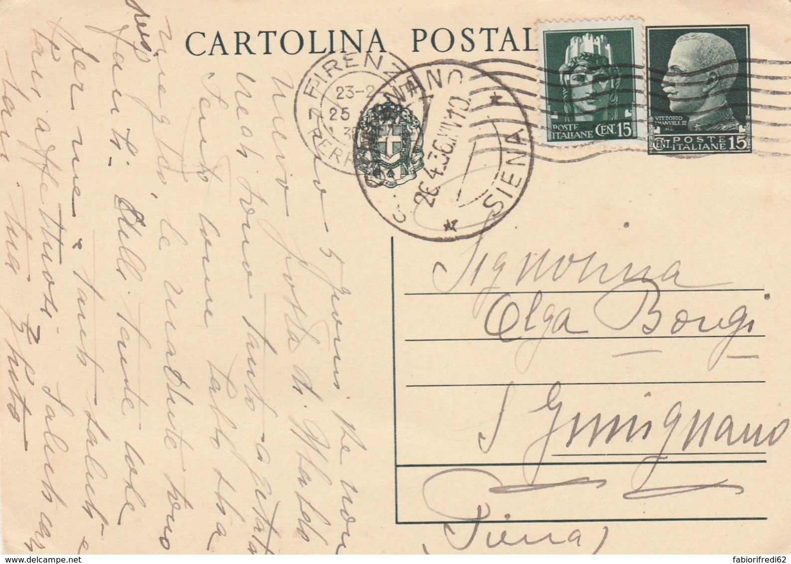 INTERO POSTALE 1936 CENT.15+15 TIMBRO GIMIGNANO SIENA (LN824 - Interi Postali