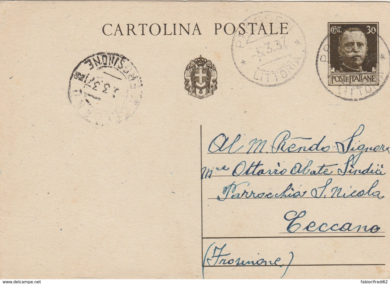 INTERO POSTALE 1937 CENT.30 TIMBRO FROSINONE LITTORIA (LN850 - Interi Postali