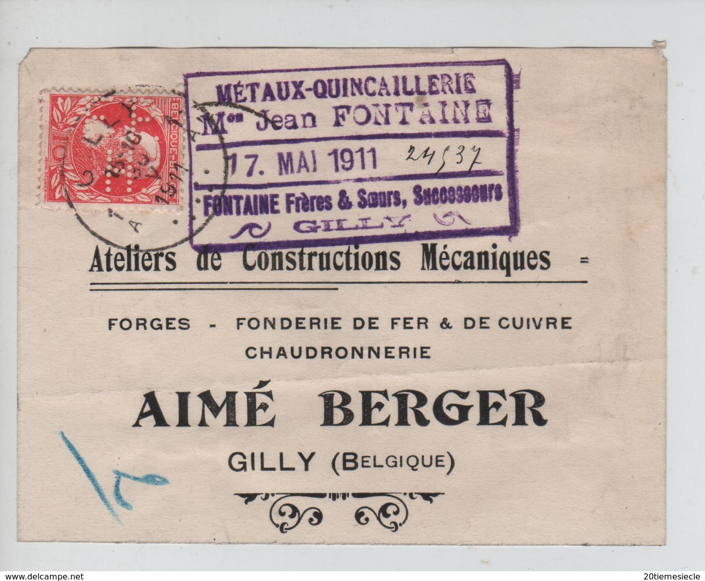 AP2102/ TP 74 GB Perforé F P H Métaux Quincaillerie Fontaine Gilly S/Etiquette De Colis C.Gilly 30/5/1911 V.E/V - 1863-09