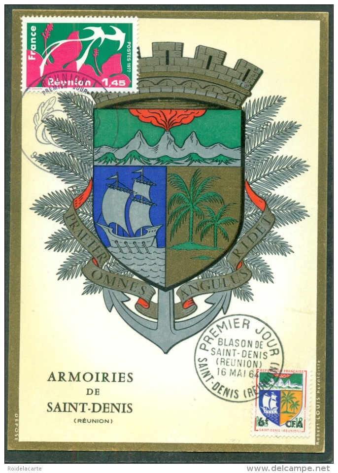 CM-Carte Maximum Card # France-1977 # Tourisme # Régions # Ile De La Réunion # Blason,Wappen,coat Of Arms # St-Denis - 1970-1979