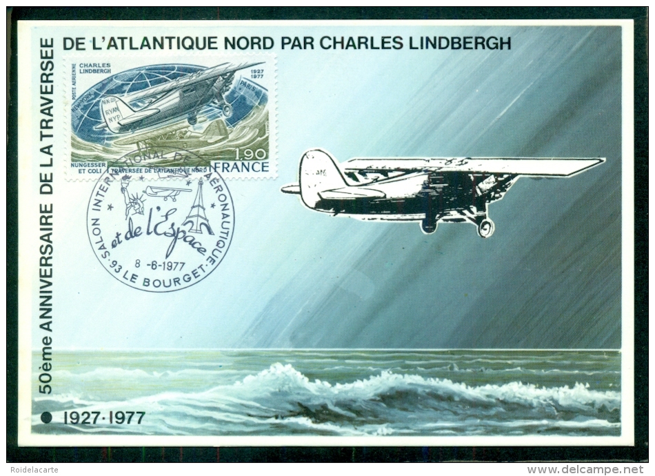 CM-Carte Maximum Card # France-1977 #Transport # Aviation# 50° Anniversaire Traversée Atlantique Par Lindbergh # Bourget - 1970-1979