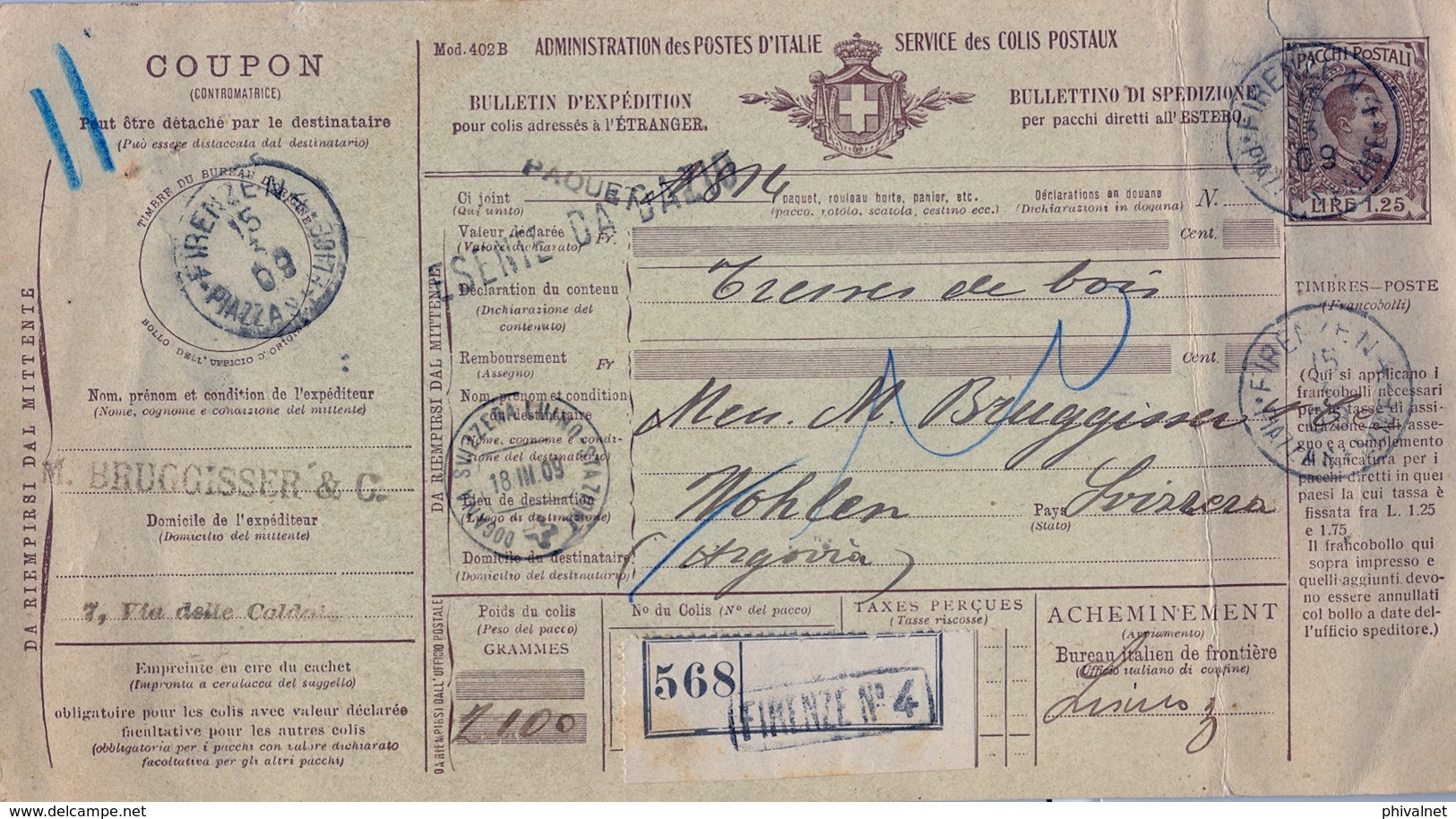 1909 , ITALIA , BOLETÍN DE EXPEDICIÓN DE PAQUETE POSTAL , FIRENZE - WOHLEN ( SUIZA ) , DIVERSAS MARCAS - Postal Parcels