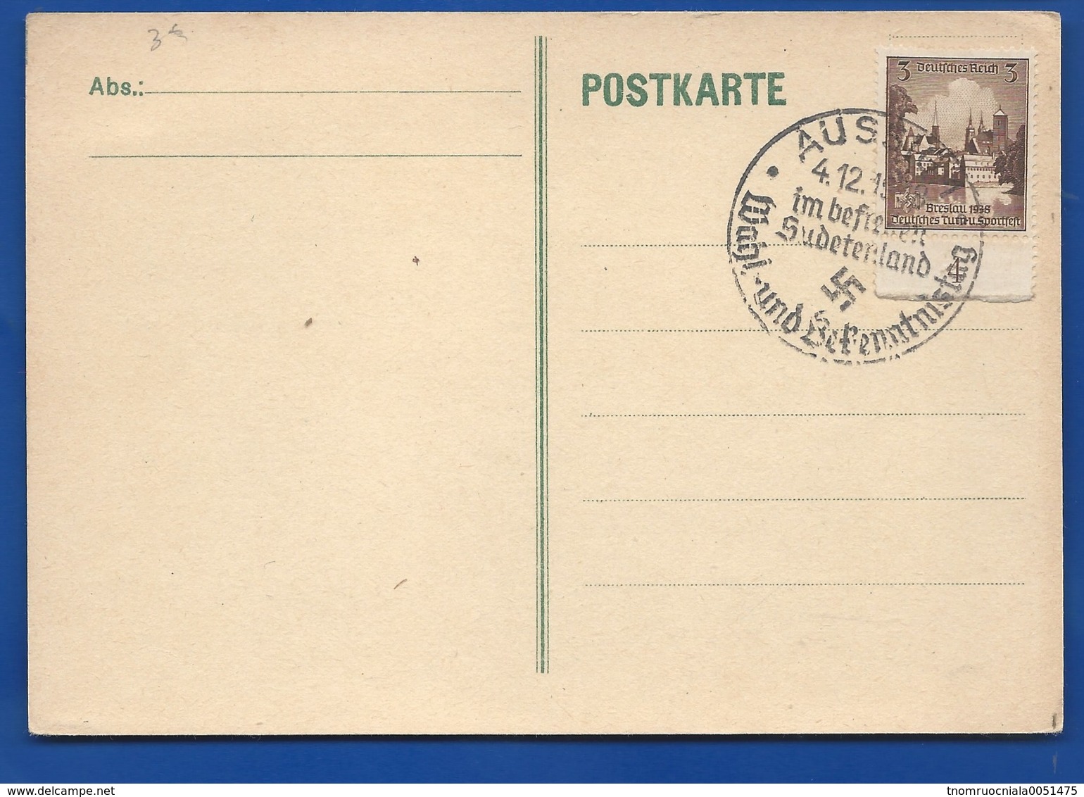 POSTKARTE  à 3 Deutches Reich  Oblitération: AUSBURG 4/12/1938 Avec Croix - 1939-45