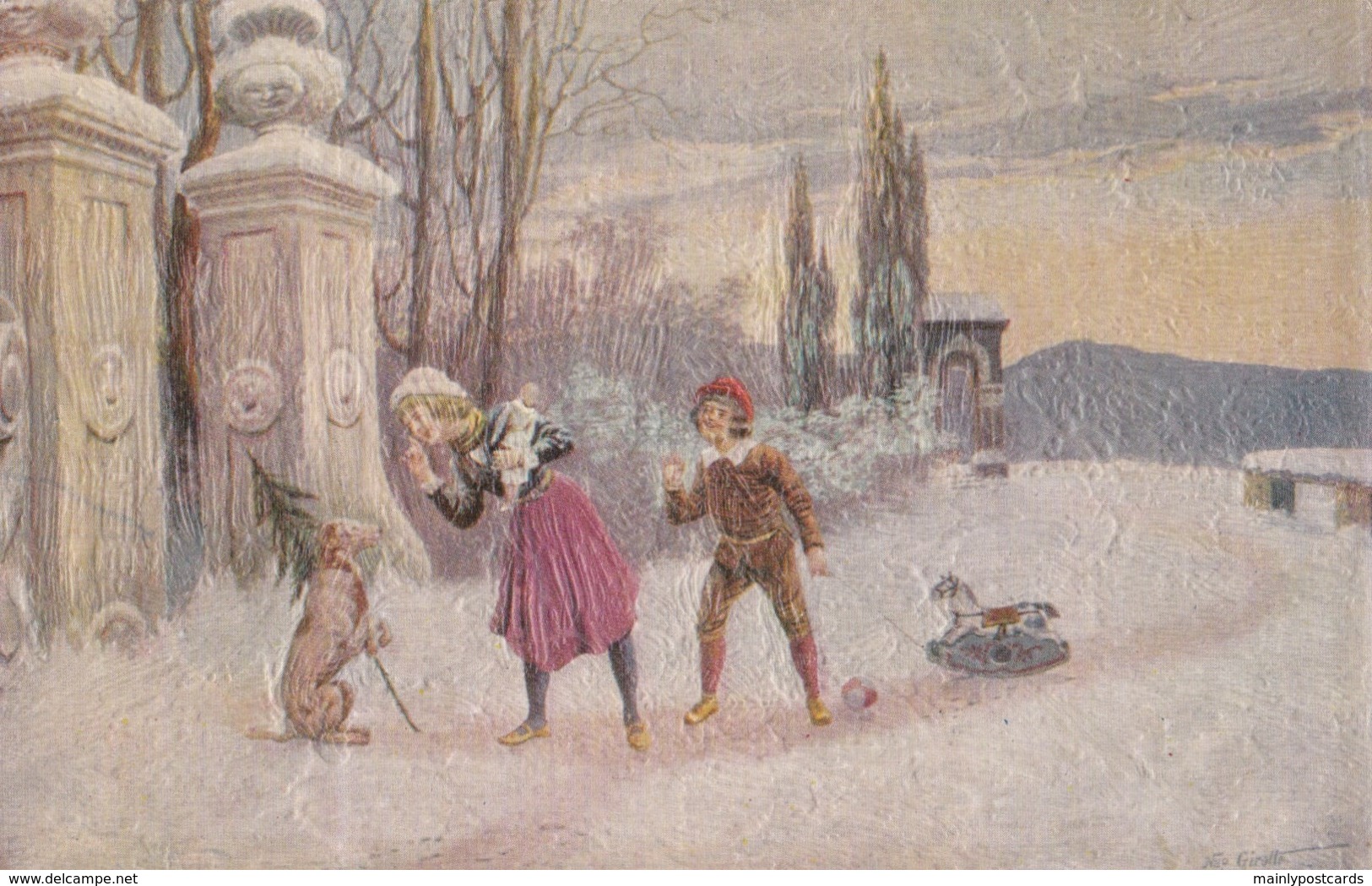 AQ88 Textured Artist Signed Postcard - Children With Rocking Horse And Dog In The Snow - Other & Unclassified