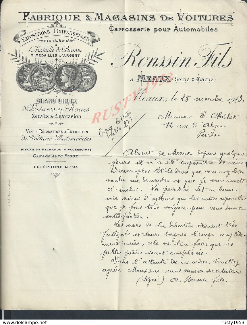 LETTRE COMMERCIALE ILLUSTRÉE DE 1913 RONSSIN FILS FABRIQUE & MAGASINS DE VOITURES CARROSSERIE AUTOMOBILE A MEAUX : - 1900 – 1949