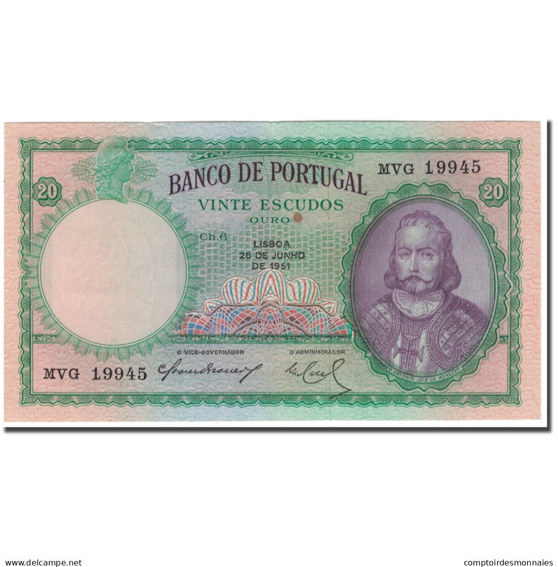 Billet, Portugal, 20 Escudos, 1951-06-26, KM:153a, SUP - Portugal