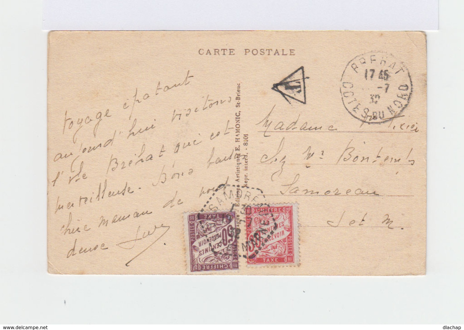 Sur Carte Postale Ile De Bréhat Deux Timbres Taxe. CAD Hexagonal 1932 Samoreau. Cachet T Dans Triangle. (778) - 1960-.... Lettres & Documents