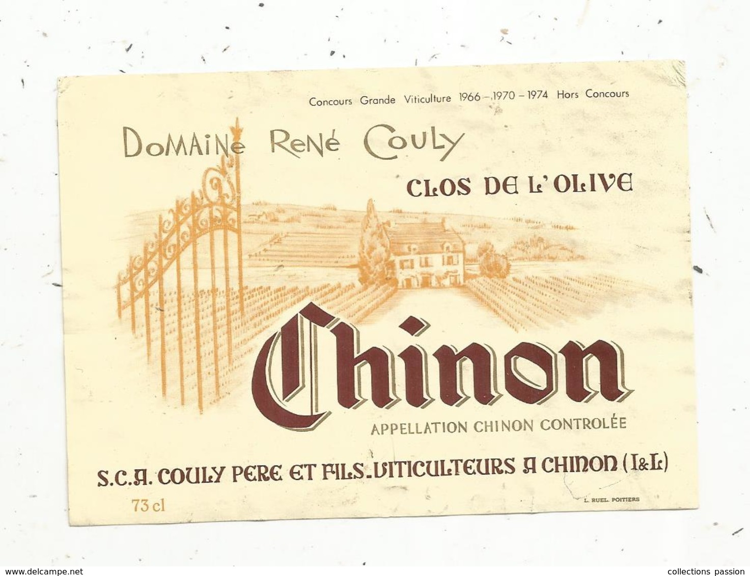 étiquette De Vin, Pays De Loire, CHINON , Domaine René Couly , Clos De L'OLIVE , Indre Et Loire - Andere & Zonder Classificatie