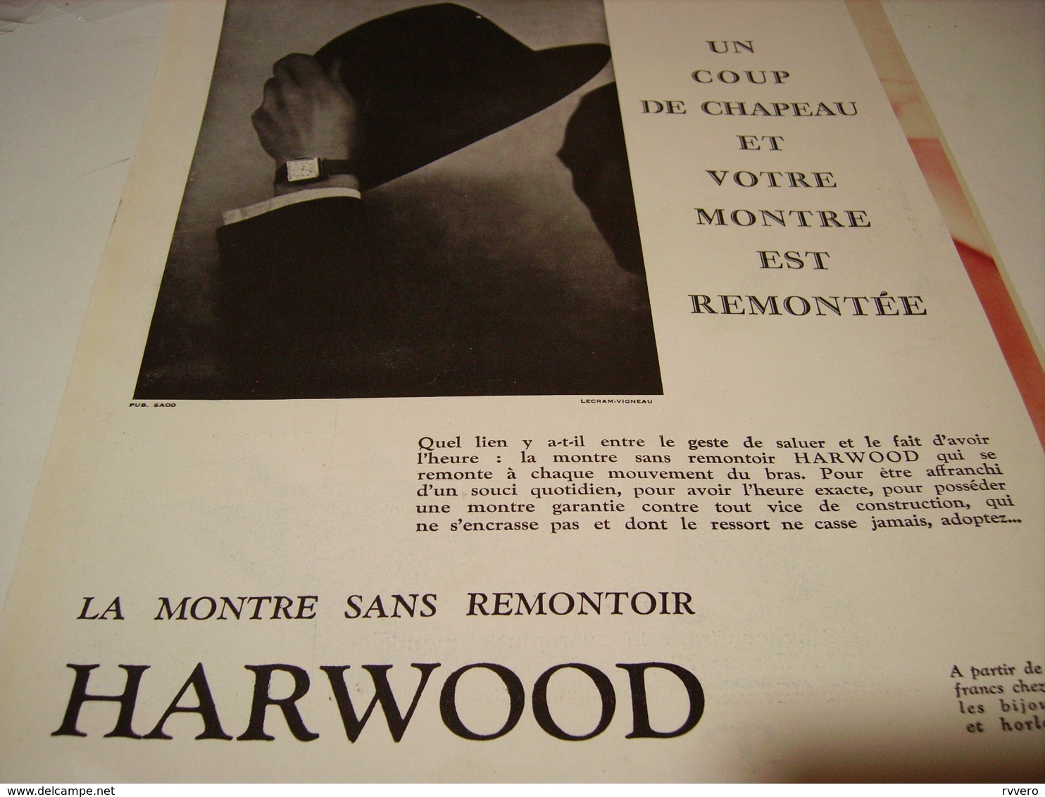 ANCIENNE PUBLICITE MONTRE HARWOOD SANS REMONTOIR 1930 - Autres & Non Classés