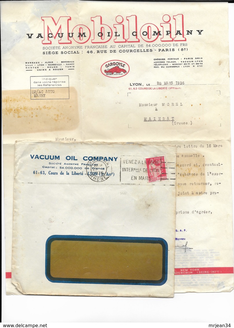 23 Creuse 69 LYON MOBIL OIL Vacuum Oil Company Courrier à MOREL à MAINSAT 28 MARS 1936 Flamme Foire De Lyon - 1900 – 1949