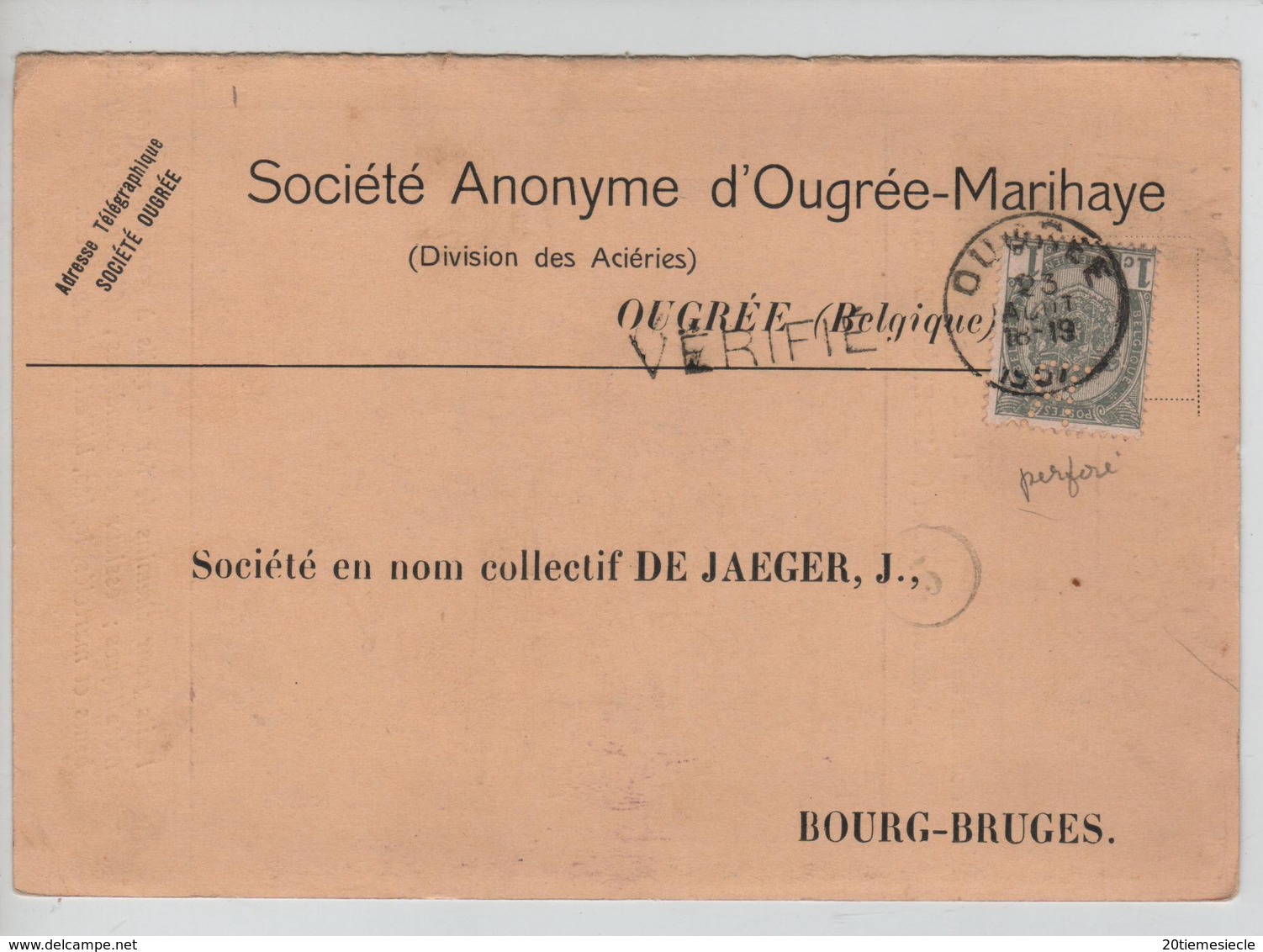 AP2114/ TP 53 Perforé R S/CP S.A.Ougrée-Marihye C.Ougrée 23/8/1907 Gff Vérifié V.Bourg Bruges - 1863-09