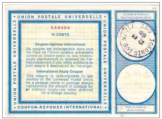 1969 CANADA' Coupon-reponse International Mod Vienna C.15 Ann. Toronto (11.7) - Altri & Non Classificati