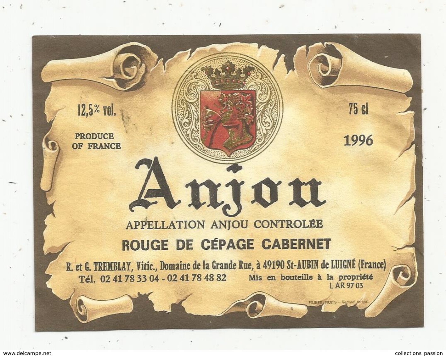 étiquette De Vin, Pays De Loire, ANJOU, Rouge De Cépage Cabernet, 1996, Tremblay, St Aubin De Luigné - Other & Unclassified