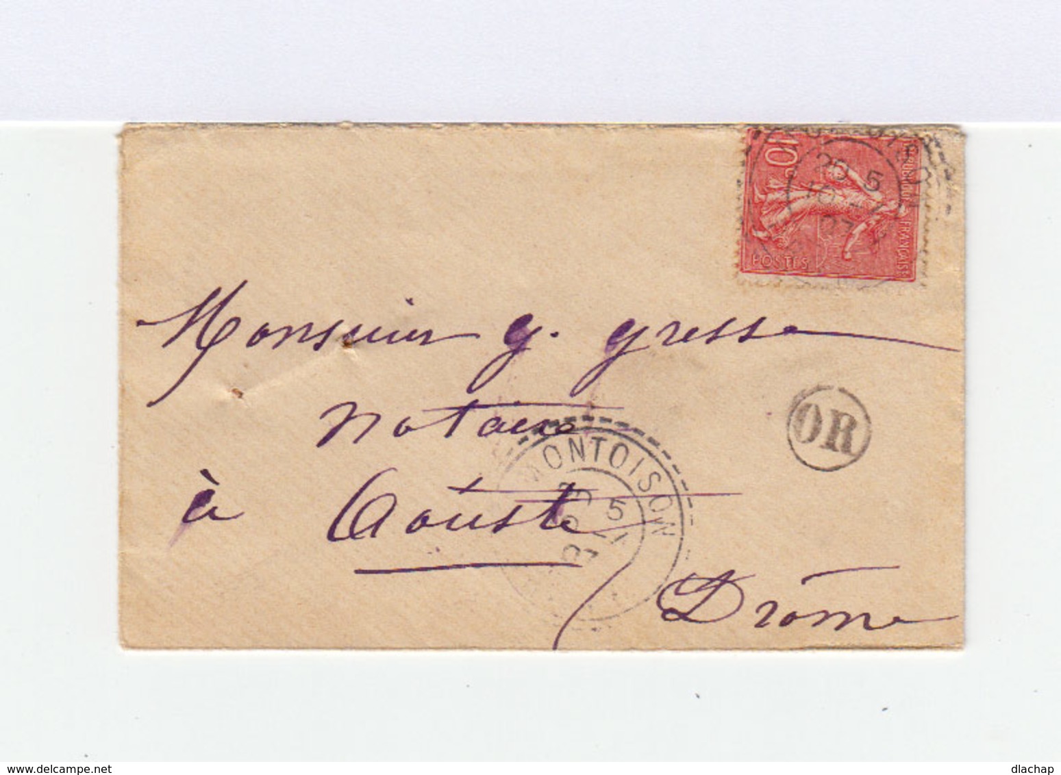 Sur Enveloppe Type Semeuse Lignée 10  C. Rose. CAD Montoison 1907. Cachet OR Origine Rurale. (786) - 1877-1920: Période Semi Moderne