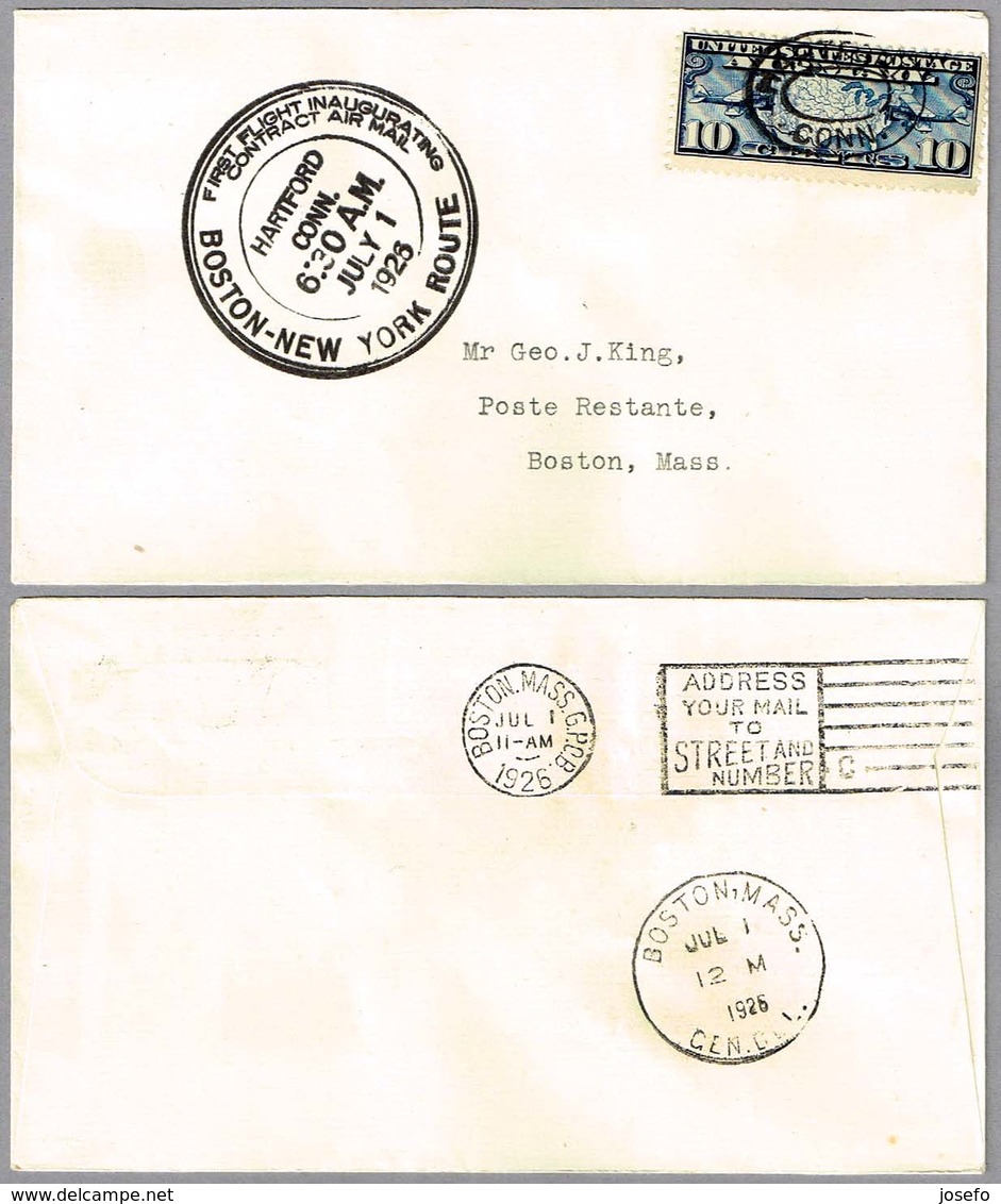 FIRST FLIGHT INAUGURATING CONTRACT AIR MAIL BOSTON-NEW YORK ROUTE. Hartford CT 1926 - Correo Postal