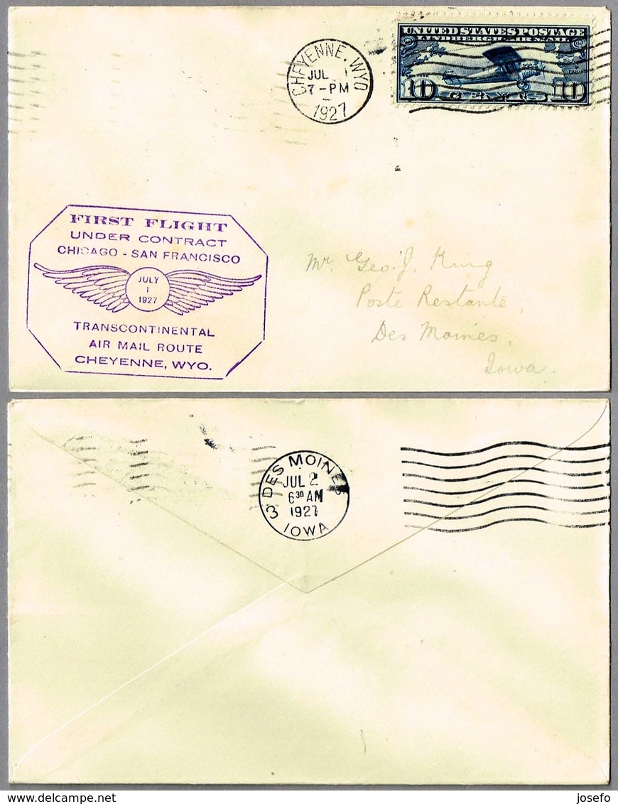 FIRST FLIGHT UNDER CONTRACT AIR MAIL CHICAGO-SAN FRANCISCO. Cheyenne WY 1927 - Correo Postal