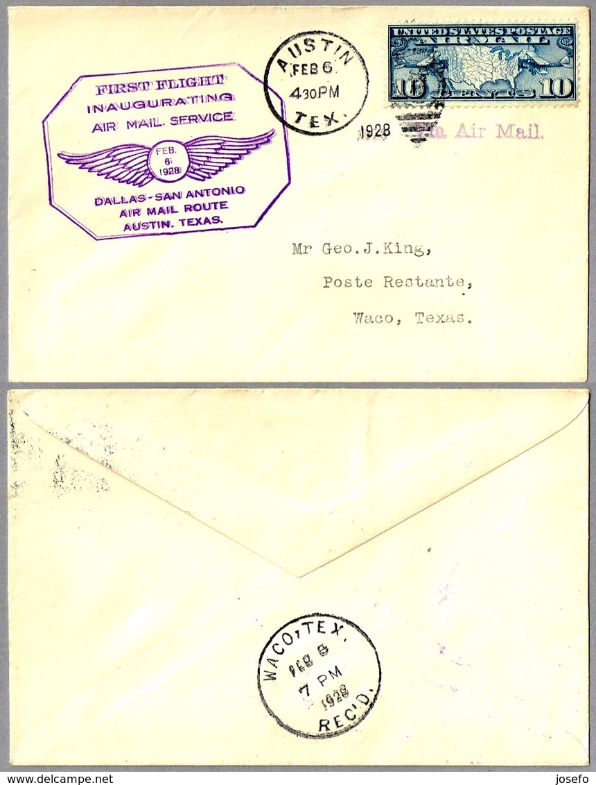 FIRST FLIGHT INAUGURATING AIR MAIL SERVICE DALLAS-SAN ANTONIO. Austin TX 1928 - Correo Postal