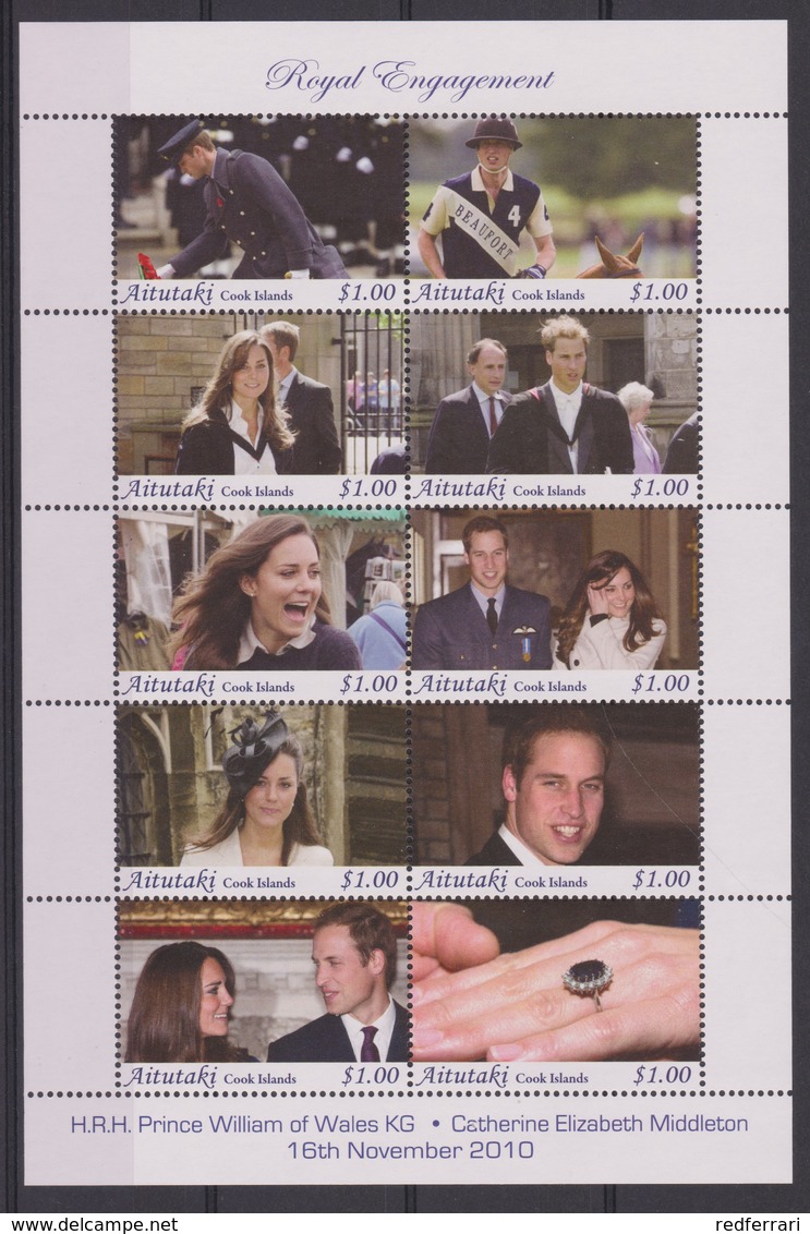 2391  Aitutaki Cook Isl  Royal  Engagement Prince William & Kate Middleton  16 Th November 2010   10 Stamp Sheet - Familles Royales