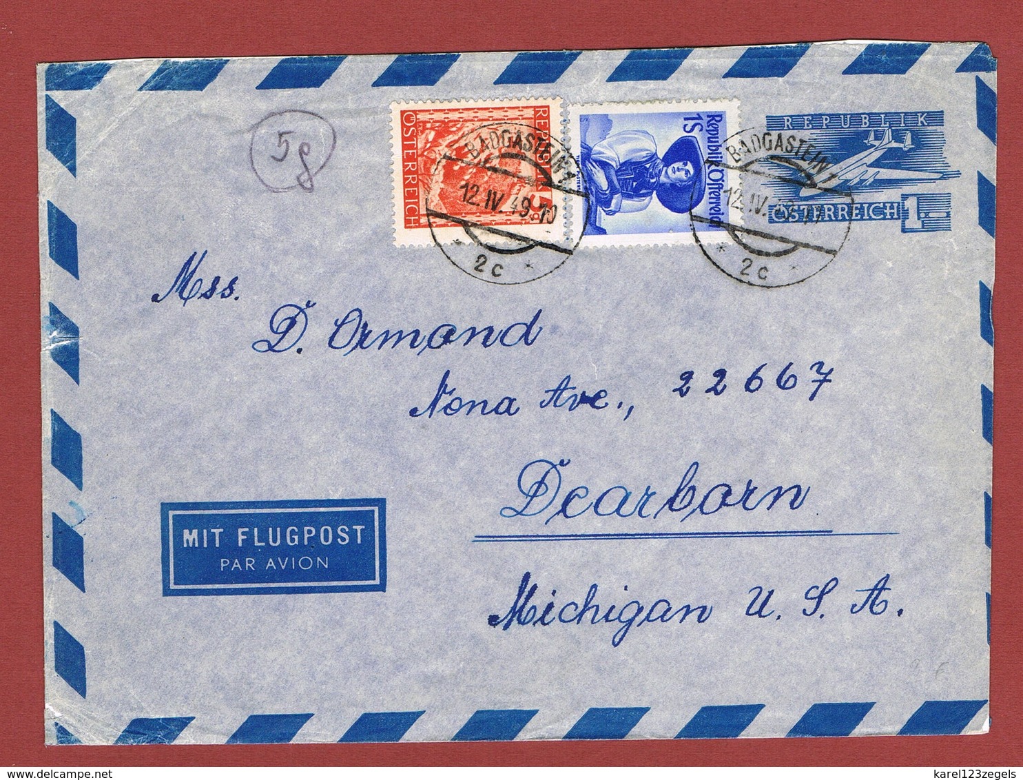 Luftpostbrief  Ab Bad Gastein Nach U S A  1949 Porto 2.05 Sch.   ; - Briefe U. Dokumente