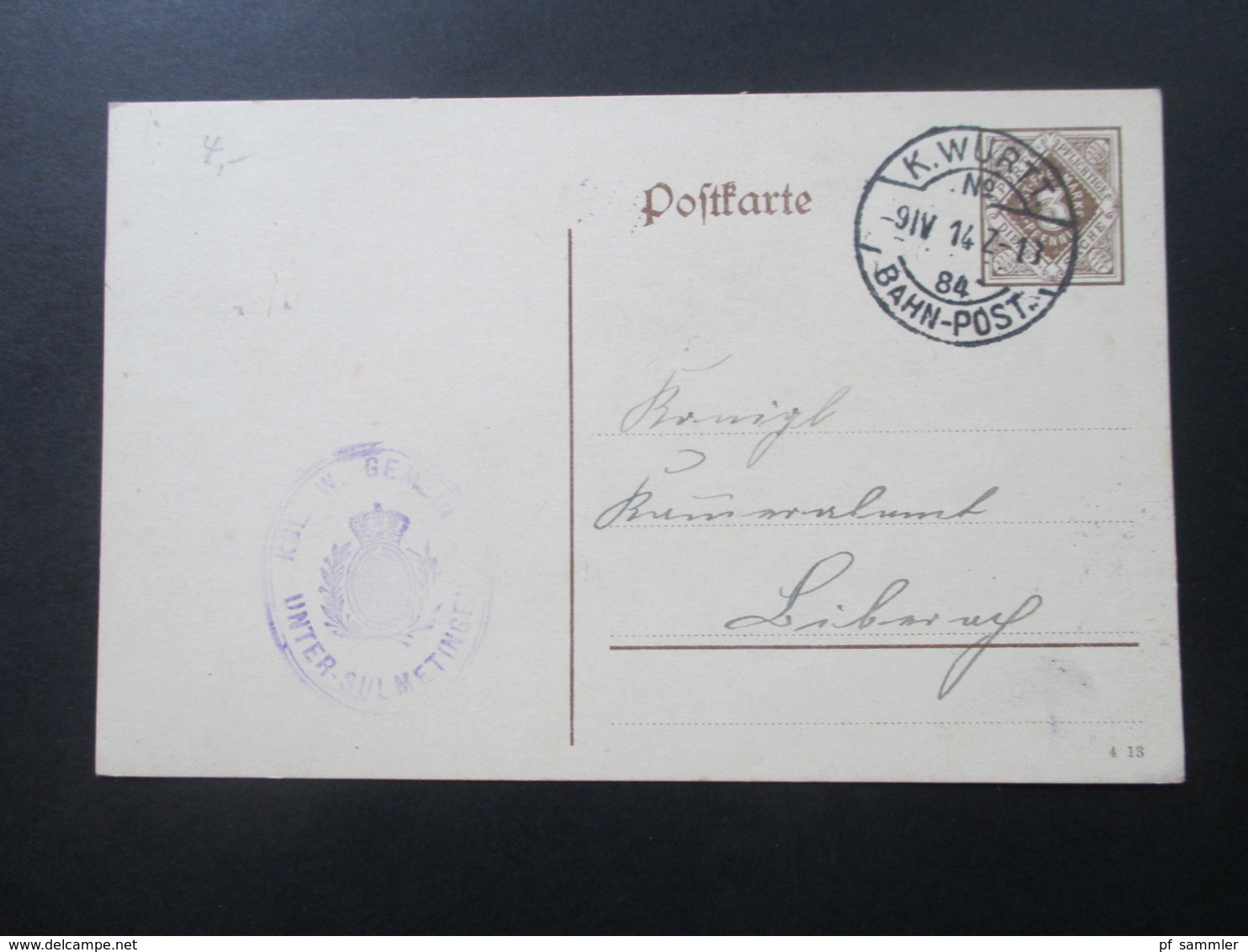 AD Württemberg 1914 Ganzsache Mit Bahnpost Stempel K. Württ. Bahn-Post 84 - Interi Postali