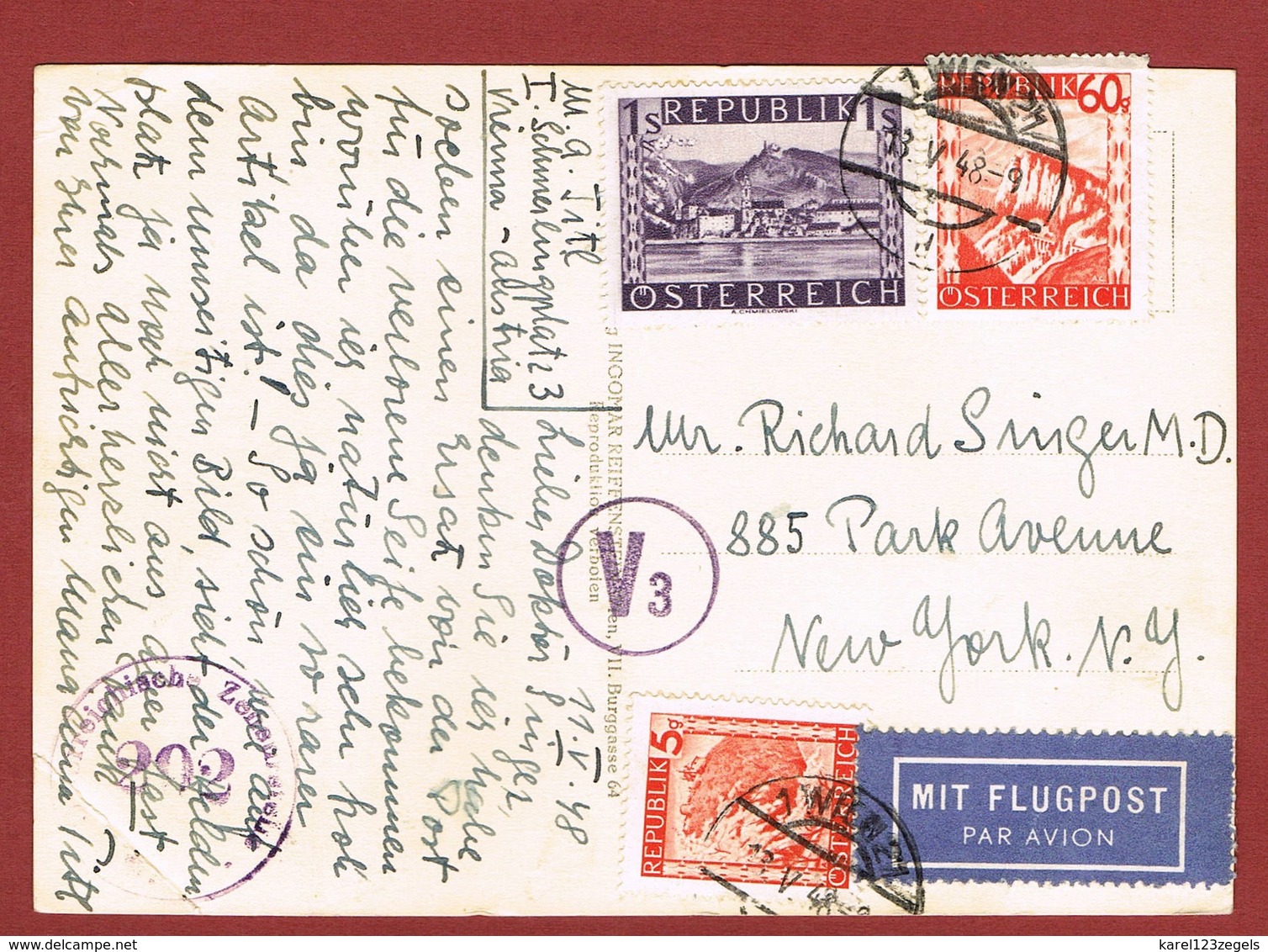 Luftpost Postkarte Ab Wien Nach U S A  1948 Porto 1.65  Sch.   ; - Briefe U. Dokumente