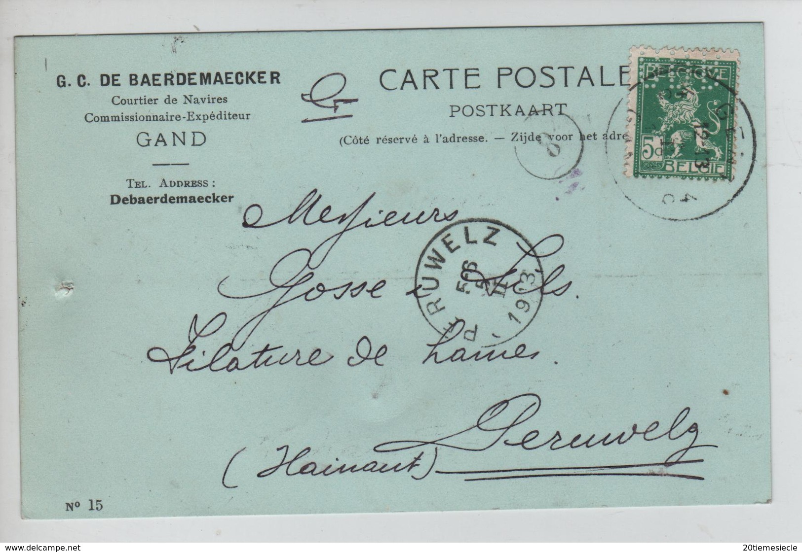 AP2119/ TP 110 Pellens Perforé G D B S/CP De Baerdmaecker Gand C.Gent 1913 V.Perulwelz - 1909-34