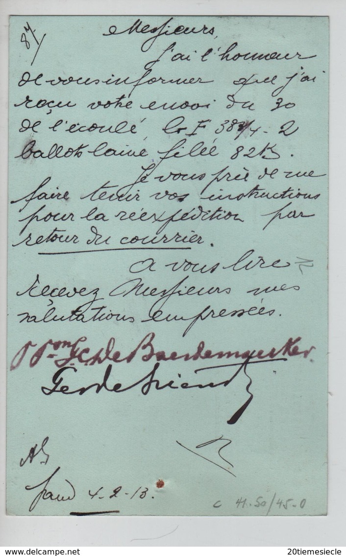 AP2119/ TP 110 Pellens Perforé G D B S/CP De Baerdmaecker Gand C.Gent 1913 V.Perulwelz - 1909-34