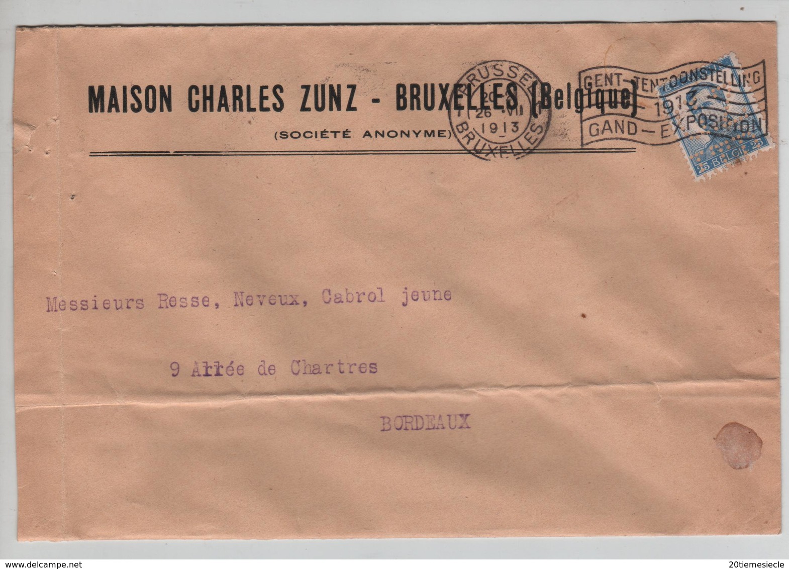 AP2121/ TP 120 Pellens Perforé C Z T T D S/L.Entête Charles Zunz BXL C BXL 1913 V.Bodeaux - 1909-34