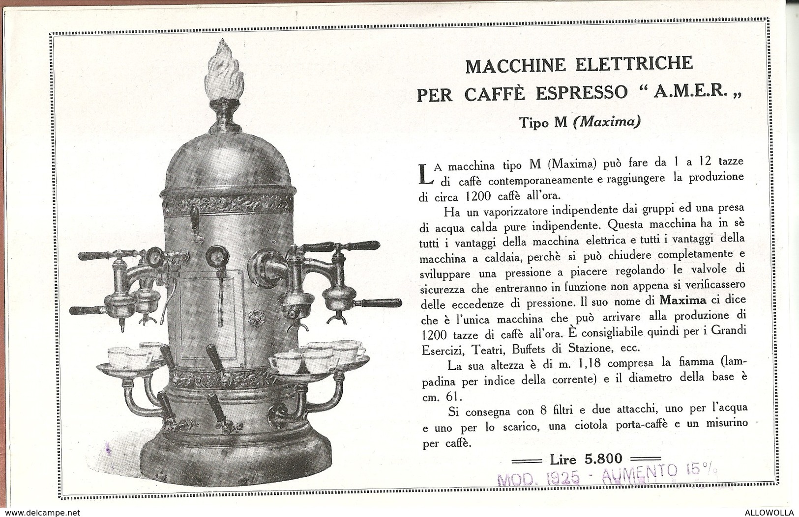 1695 " AMER-MACCHINE ELETTRICHE PER CAFFE' ESPRESSO-1925 " DOCUMENTO ORIGINALE - Altri & Non Classificati